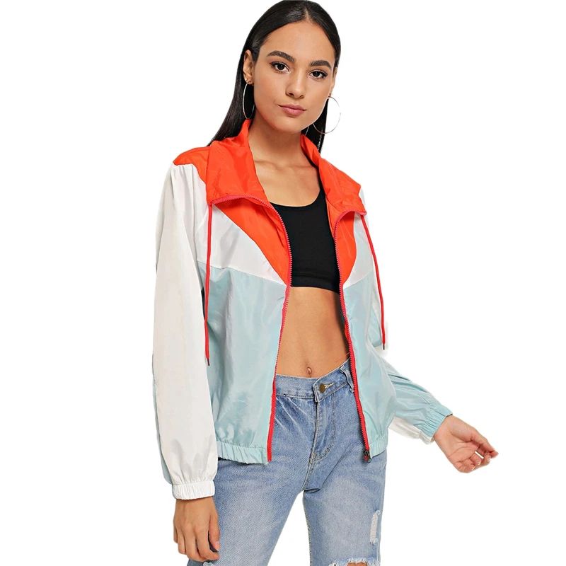 SweatyRocks цветная ветровка с завязками, куртка на молнии, повседневная одежда для активного отдыха, пальто и куртки, женские весенне-осенние Топы