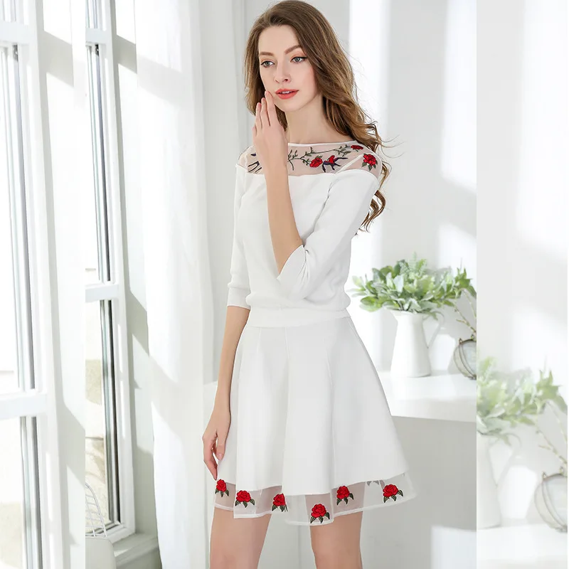 2018 Runway Fashion Womens 2 Piece Set Knitted Sweater Suit Ladies Sexy Sheer Mesh Embroidery Tops Sweater+Mini Skirt Girl |