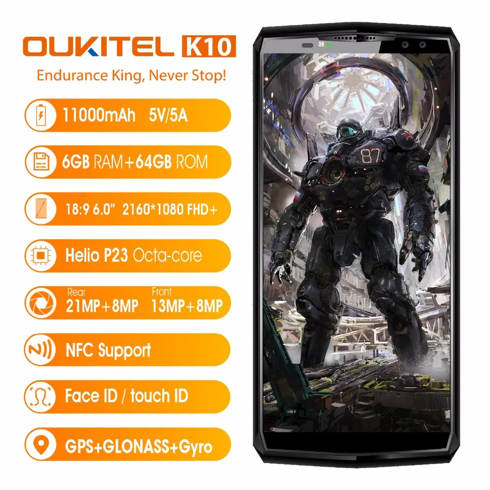 OUKITEL K10 6 0 &quot18:9 Экран 4G смартфон Face ID Android 7 1 11000 мАч супер Батарея ГБ Оперативная
