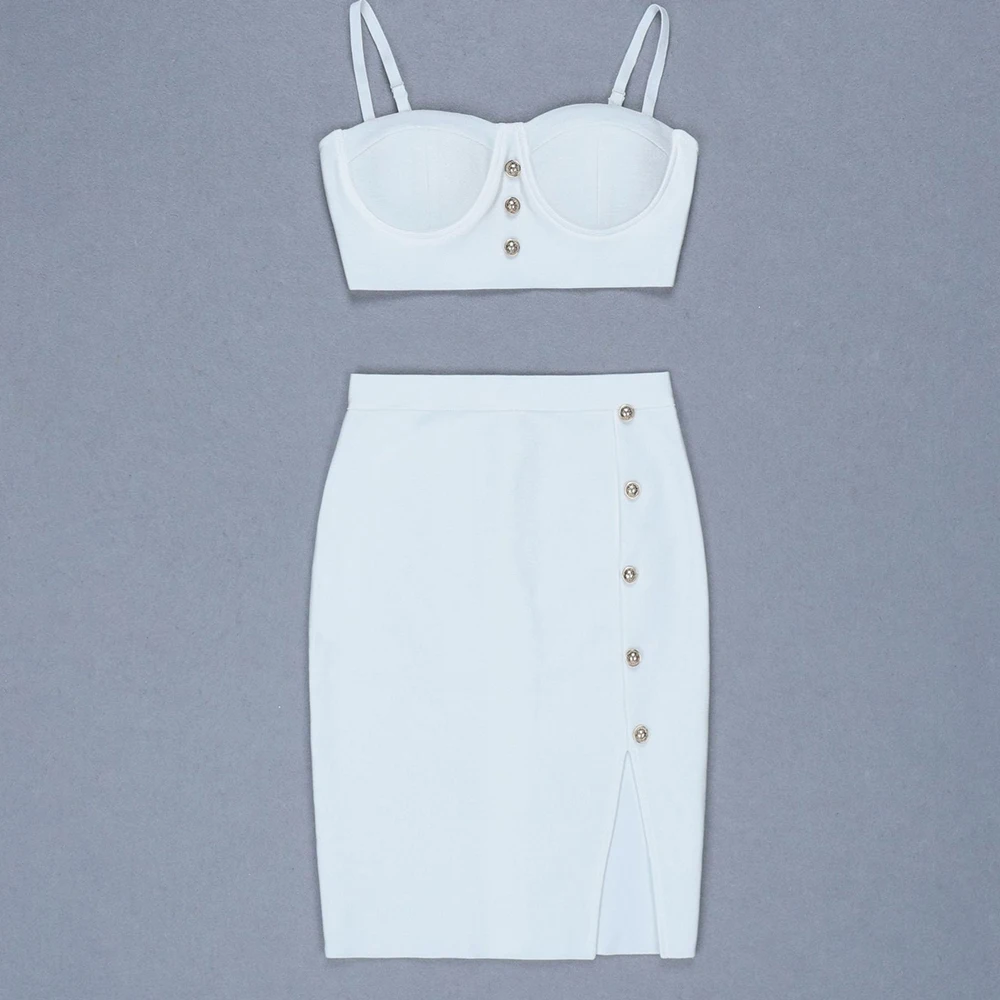 FTGSDLONG 2019 Fashion 2 Piece Runway Set Women High Quality Party Skirt Sets Crop Top Suit Sexy Sling + Button Split Skirts |