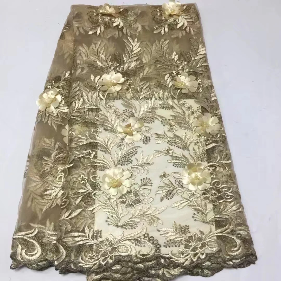 

French Embroidered Lace Fabric 2018 Latest African Mesh Tulle Bead Lace Fabric 5Y Nigerian Guipure Lace Fabric