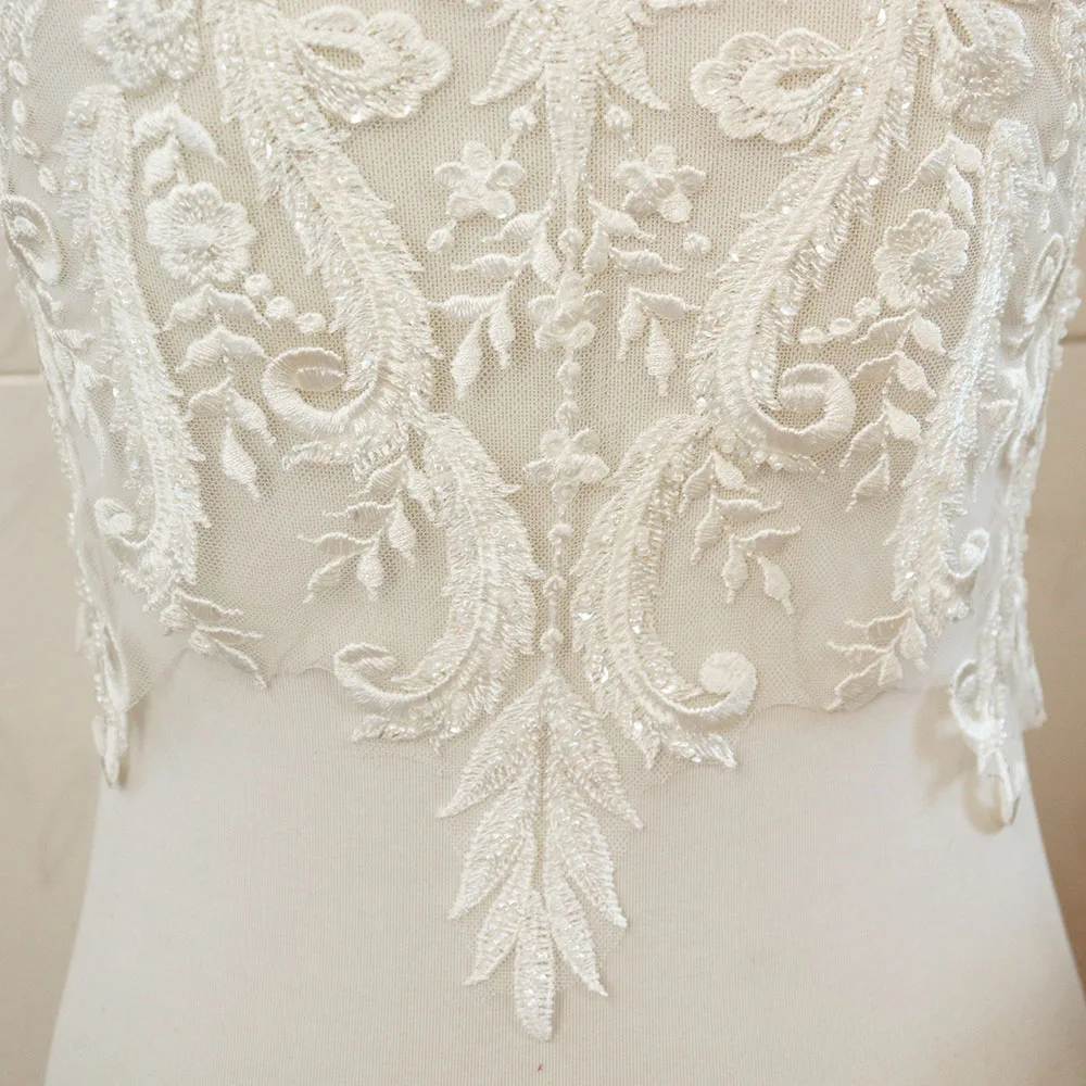 

Large Ivory White Beaded Lace Applique Neckline Collar Appliques Embroidery Lace Trim Fabric Cloth Sewing on Patchwork DIY Patch