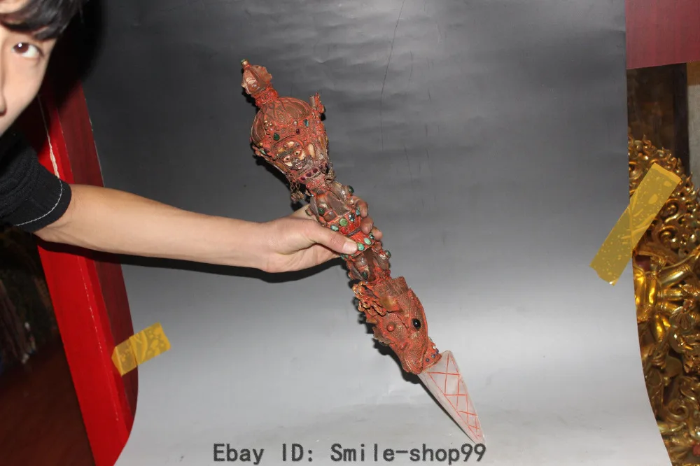 22&quot Tibet Crystal inlay Ruby Beryl Hayagriva Vajrakila Fa Qi Dagger Vajra Pestle |