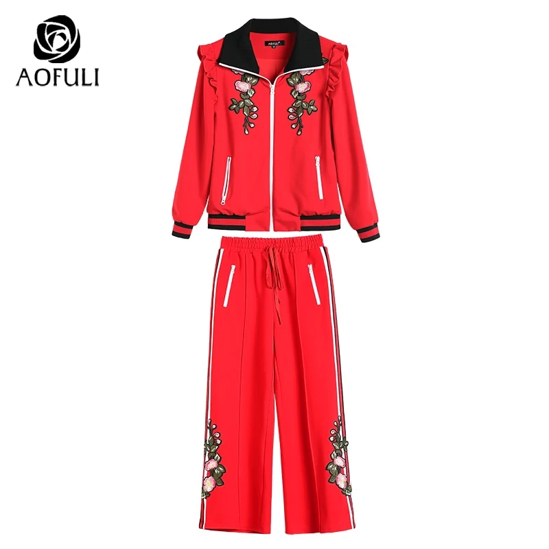 L/XL/XXL Женский комплект с цветочной вышивкой из 2 предметов костюм толстовкой