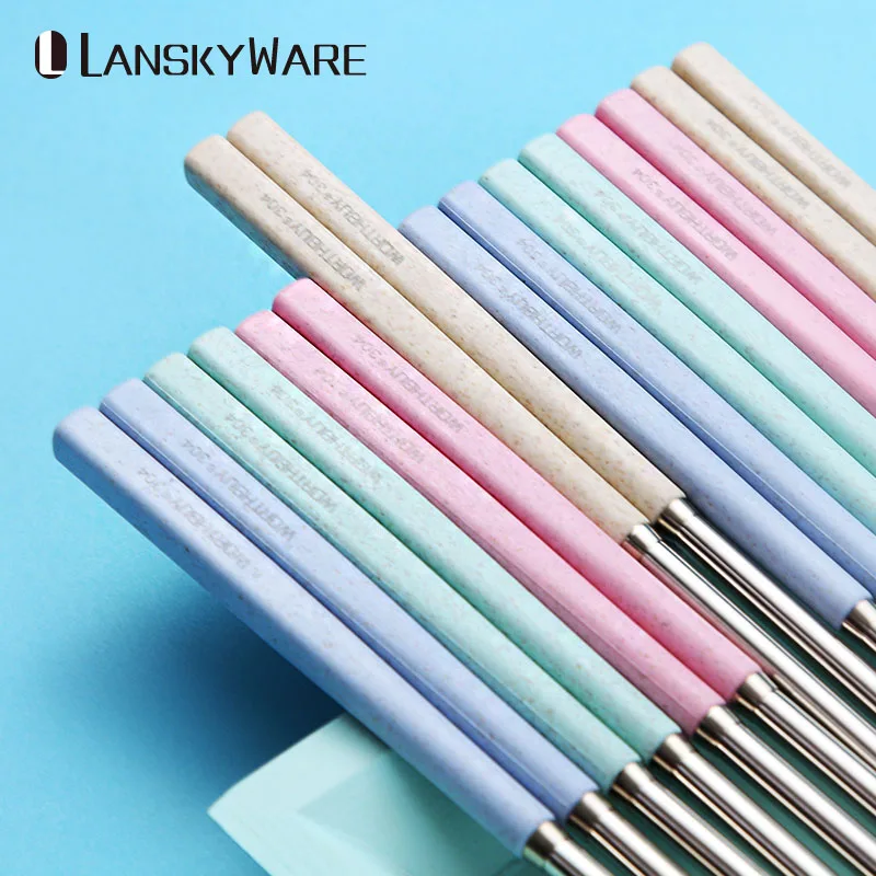 LANSKYWARE 4/8 пар 304 нержавеющая сталь китайская палочка для еды с ручкой из пшеничной соломы Многоразовые палочки для еды набор палочек для суши