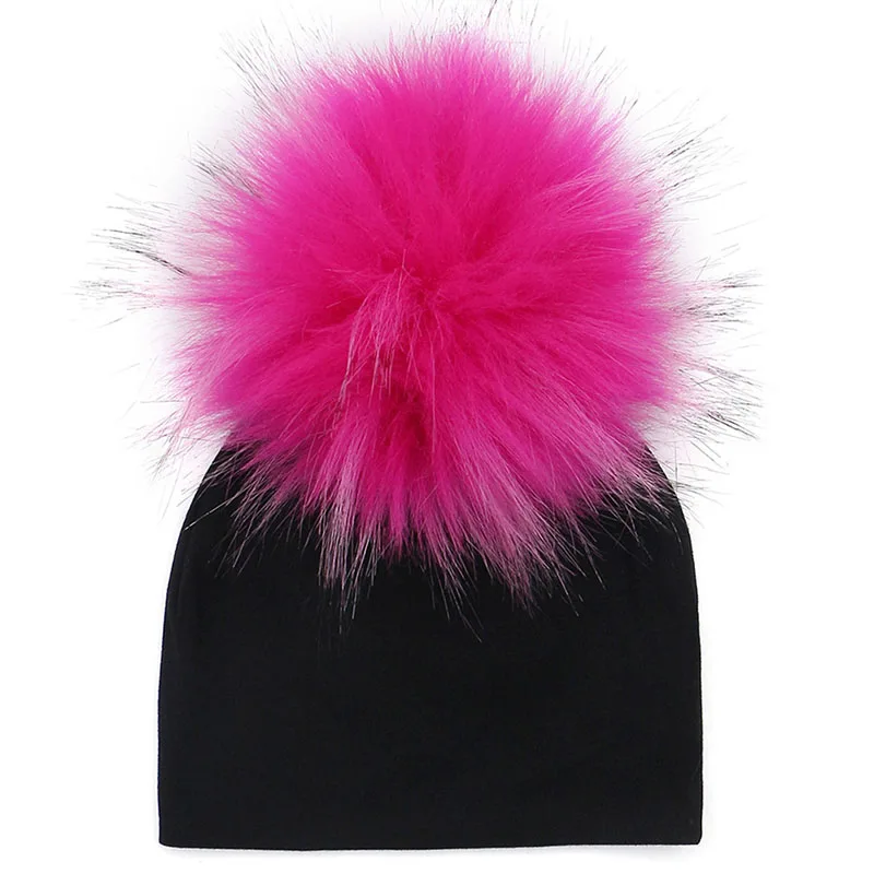 Шапка для новорожденных, искусственный енот, меховая шапка с вязаным помпоном, шапки из хлопка, одноцветная шапка для маленьких девочек и мальчиков, зимние детские головные уборы, шапки