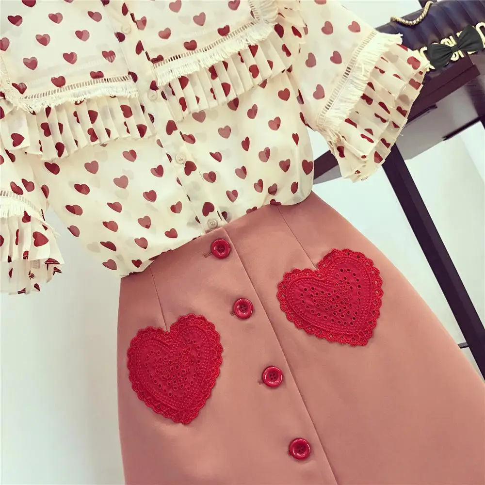 2019 летние женские красивые рубашки в форме сердца с короткими рукавами + юбка на
