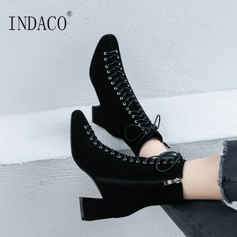 

Winter Boots Women Leather Women Boots Black Lace Up Booties 6cm