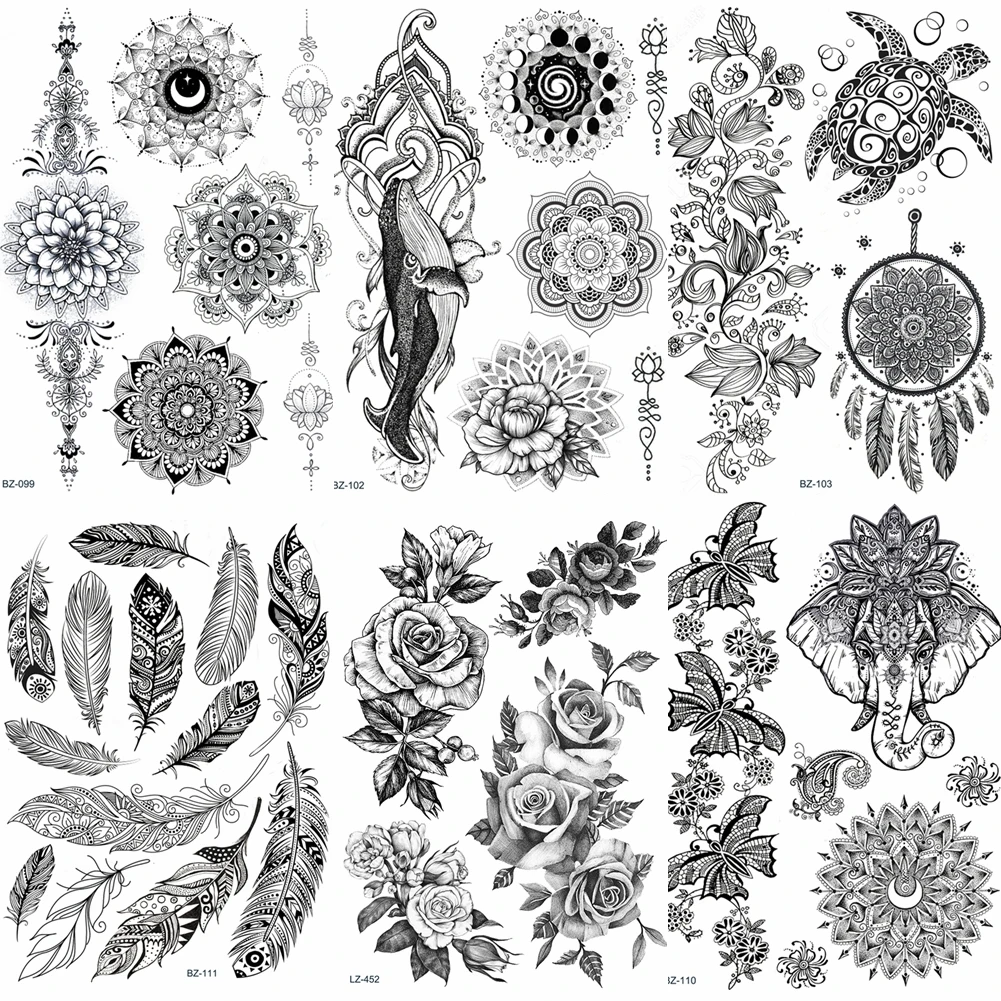 

Lace Black Henna Temporary Tattoo Sticker Owl Mandala Waterproof Fake Tattoo Body Art Women 20x15CM Mehndi Bracelet Tatoo Paste