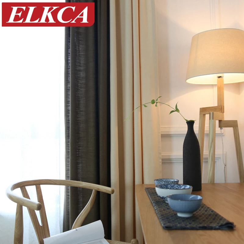 Плотные шторы из искусственного льна бежевого/кофейного цвета в японском стиле