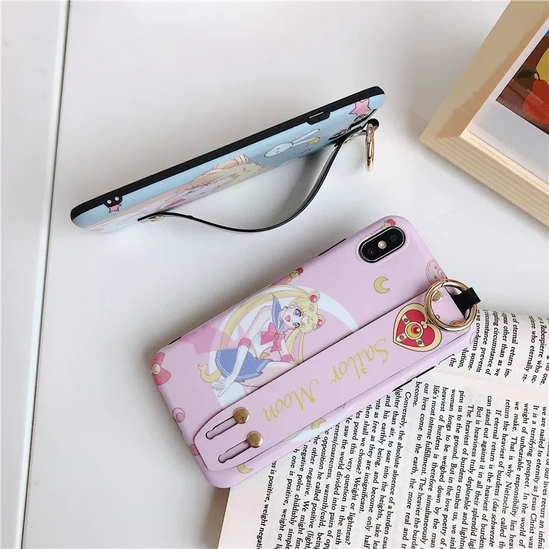 Sailor Moon Wrist Strap 6 s case phone for iphone 7 8 6s plus fundas xs max xr scrub silicon soft girls wristband holder cover |
