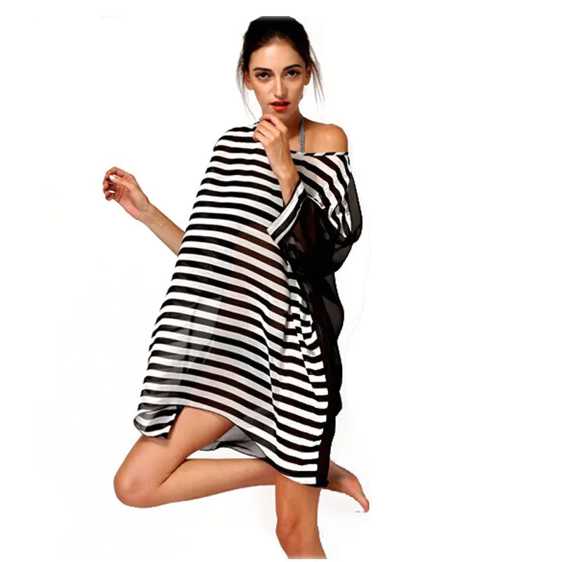 2018 Women's Outerwear Gauze Sarong Sexy Beach Cover up Beachwear Bikini Striped Blouse Black Patchwork Exterior |