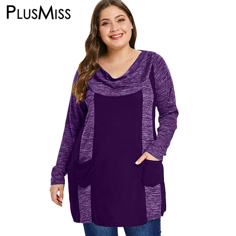 PlusMiss плюс размер 5XL свободные футболки с длинными рукавами и двойным карманом