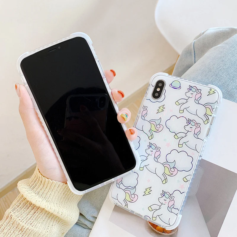 Милый мультяшный чехол с единорогом для iPhone 7 6S 8 Plus 11 Pro Max Stripes Блестящий лазерный