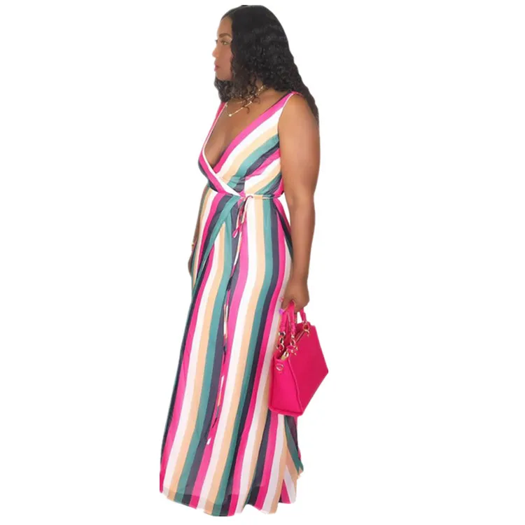 New Women Sexy Sleeveless Deep V-neck Side Slit Maxi Floor Length Party Club Midi Dress Fashion Femlale Striped Print Dresses | Женская