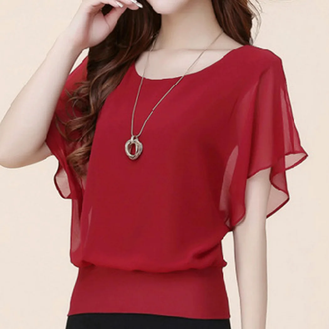 Для женщин s Топы Шифоновая блузка плюс Размеры Blusas Femininas рюшами летучая мышь