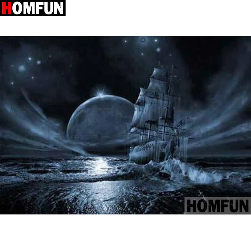 Алмазная 5D картина HOMFUN корабль Луна ночь сделай сам вышивка крестиком домашний