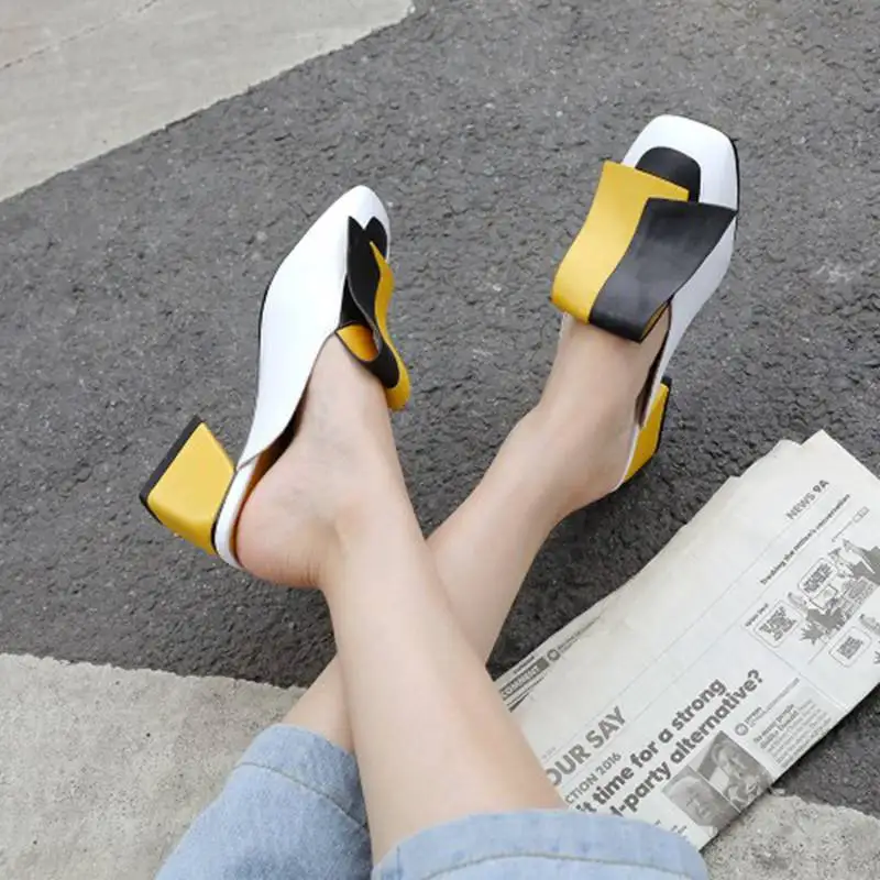 ?? 奪う猫 2019 スリップサンダルブロックヒールウェディングミュールエレガントなオフィス靴ビッグサイズ 44 45 パーティースライドスリッパに反転フロップ