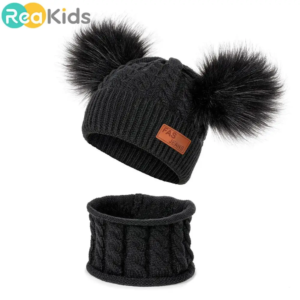 REAKIDS 2 Piece Set / Winter Hat Fur Ball Cap+Scarf Newborn Warm Knitted Soft Boys And Girls Universal 0-2 Years Old | Детская одежда и