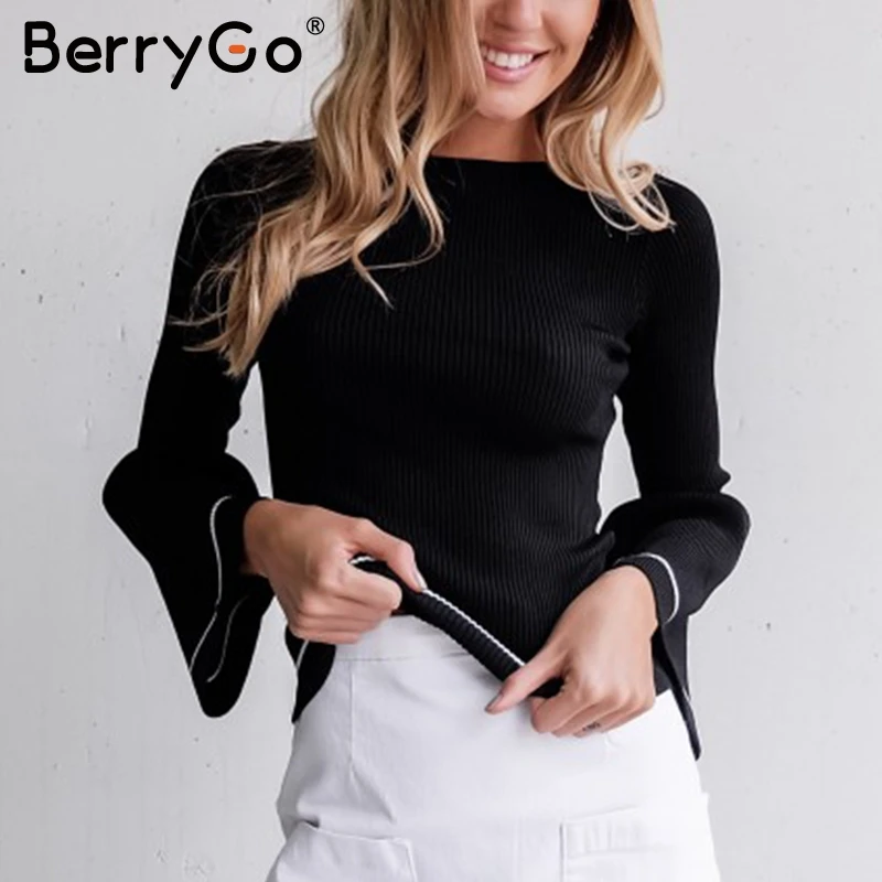 BerryGo Elegant knitted pullover sweater Women warm gray long sleeve jumper Autumn winter 2017 black knitting o neck pull femme | Женская