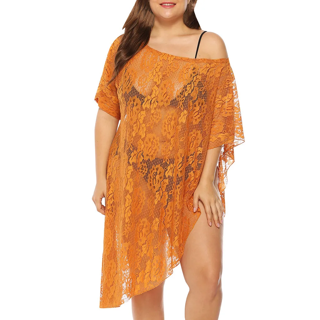 Women Plus Size Sexy Beach Dress Off Shoulder Solid Swimsuit Beach Tunics Bikini Cover Up Swimwear Perspective Beachwear
