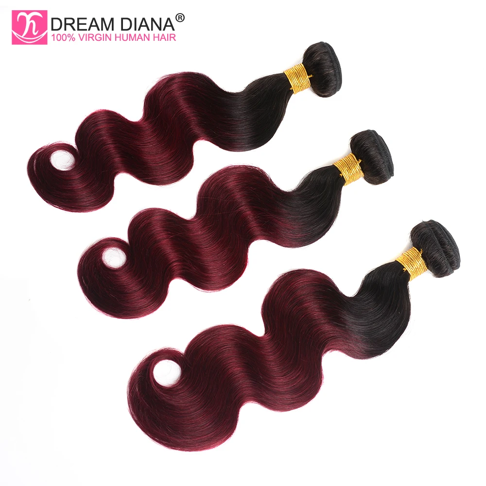 DreamDiana темно бордовый объемная волна два оттенки Омбре 3 пучка Remy Weave 99J