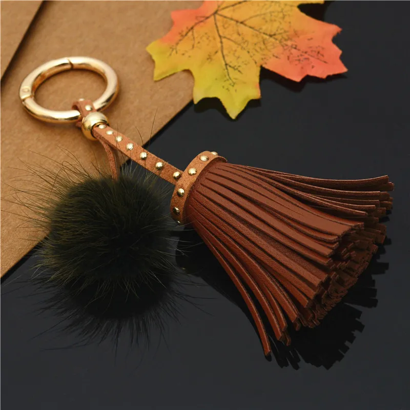 

Felyskep New Korean Style PU Leather Tassels Keychains With Mink Fur Ball For Women Bag or Car Pendant Keyrings Jewelry 234WA