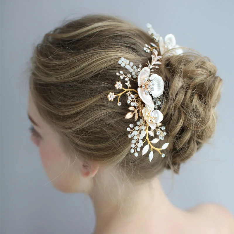 SLBRIDAL золотые прозрачные хрустальные стразы жемчуг цветок свадебный гребень для волос свадебные головные уборы аксессуары для волос женские ювелирные изделия