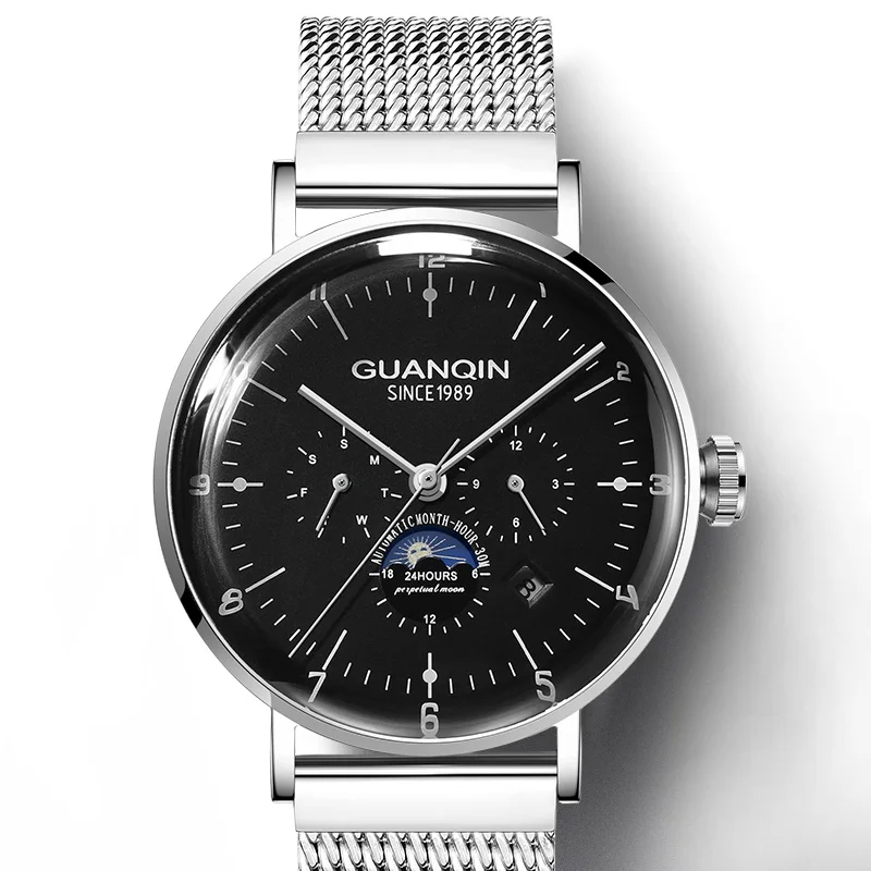 GUANQIN автоматические часы мужские Moon Phase Мужские механические часы лучший бренд Роскошные часы наручные часы из нержавеющей стали montre homme - Цвет: black white