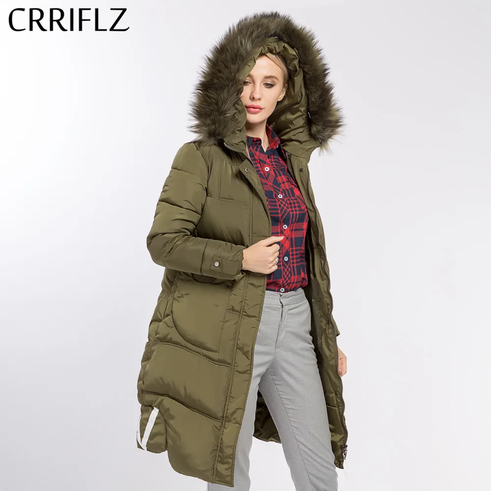 CRRIFLZ зимняя женская куртка средней длины тонкая теплая парка с капюшоном мехом