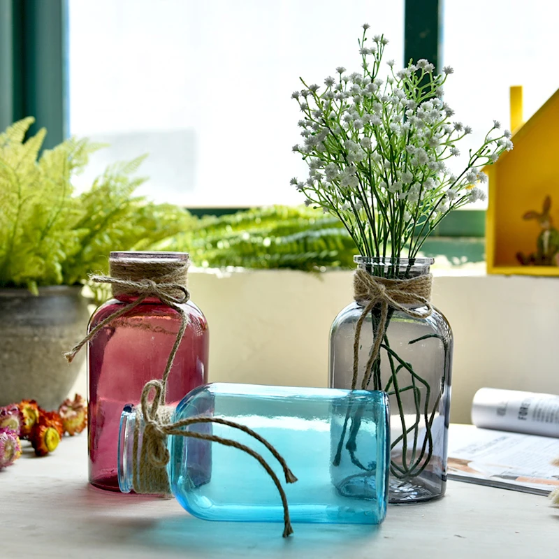 

Color Glass vase handmade hemp rope transparent glass flower vase living room tabletop decor garden home decoration accessories