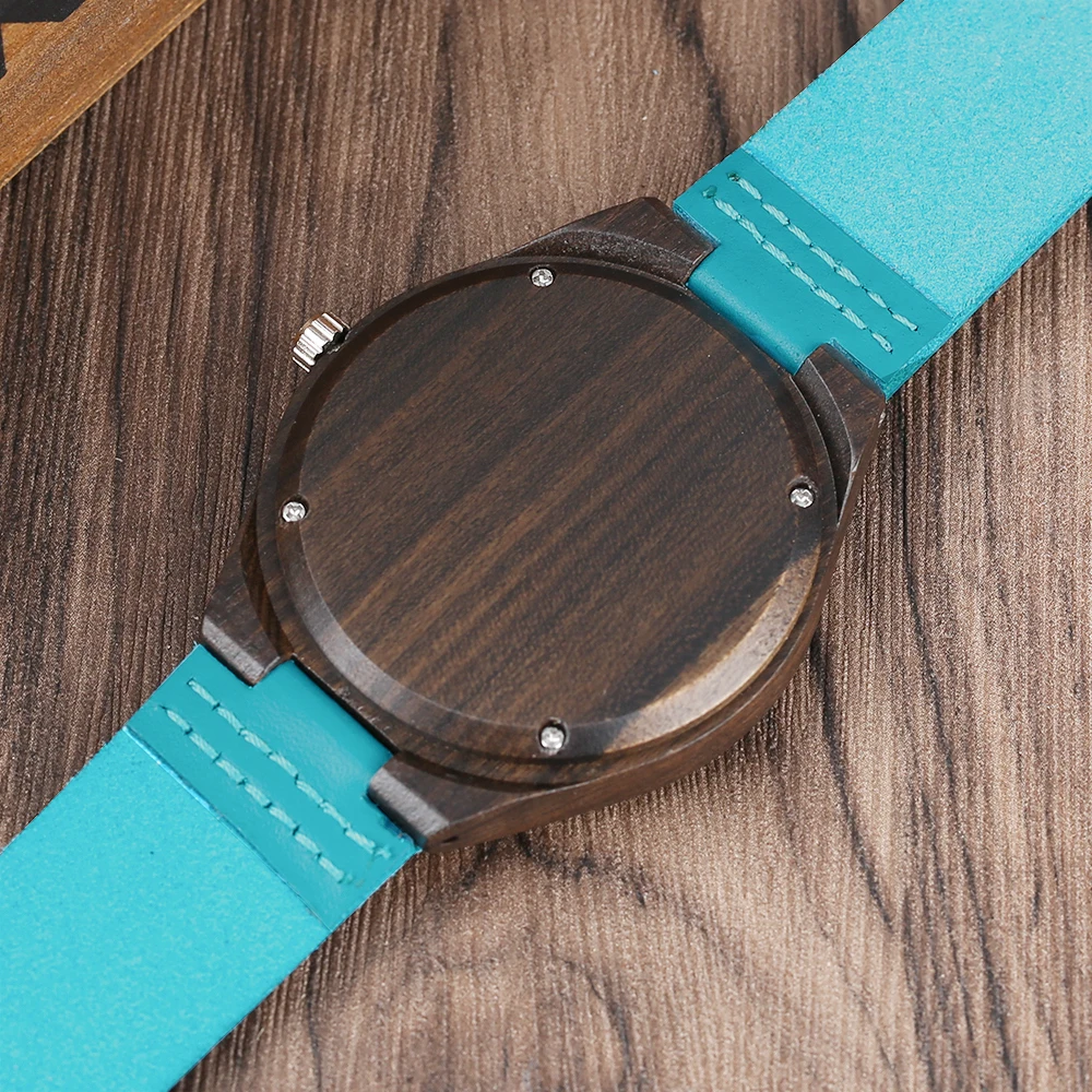 

Men's Fashion Sandalwood Case Wood Watch Unique Blue Genuine Leather Analog Trendy Wooden Natural Women Quartz Wrist Watch Gifts