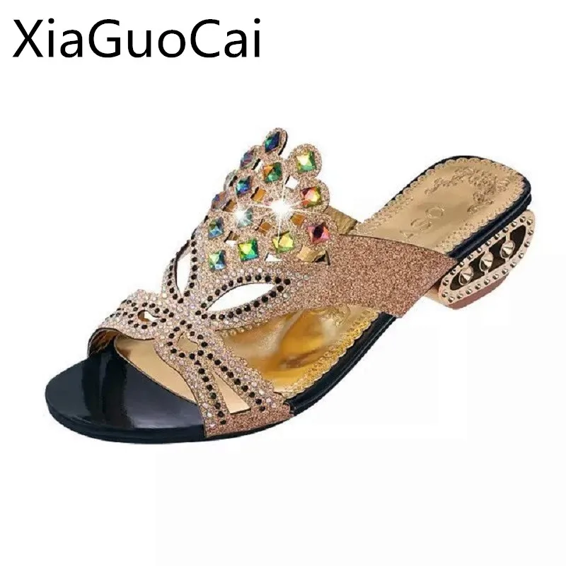 Xiaguocai/Брендовые женские шлепанцы с кристаллами Босоножки открытым носком в