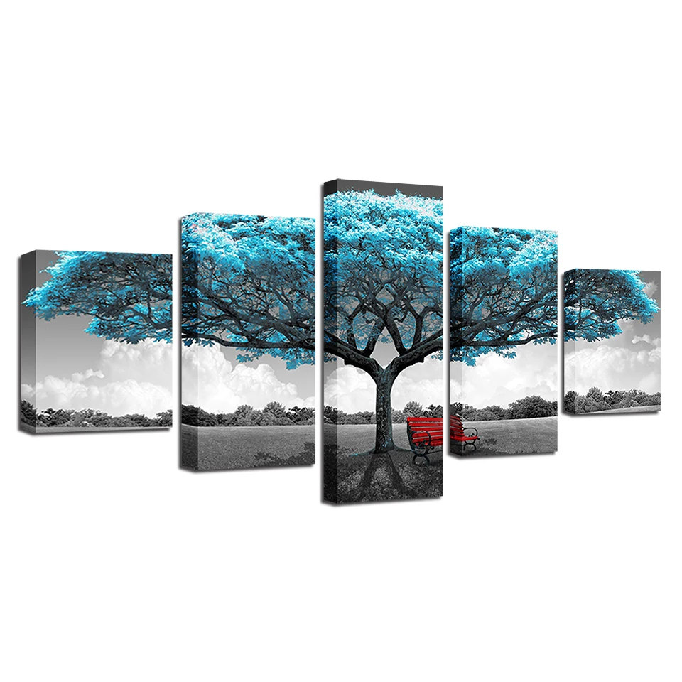 

Prints Decor Paintings Framework Living Room Abstract 5 Pieces Blue Big Tree Red Chair Pictures Landscape Wall Art Canvas Poster