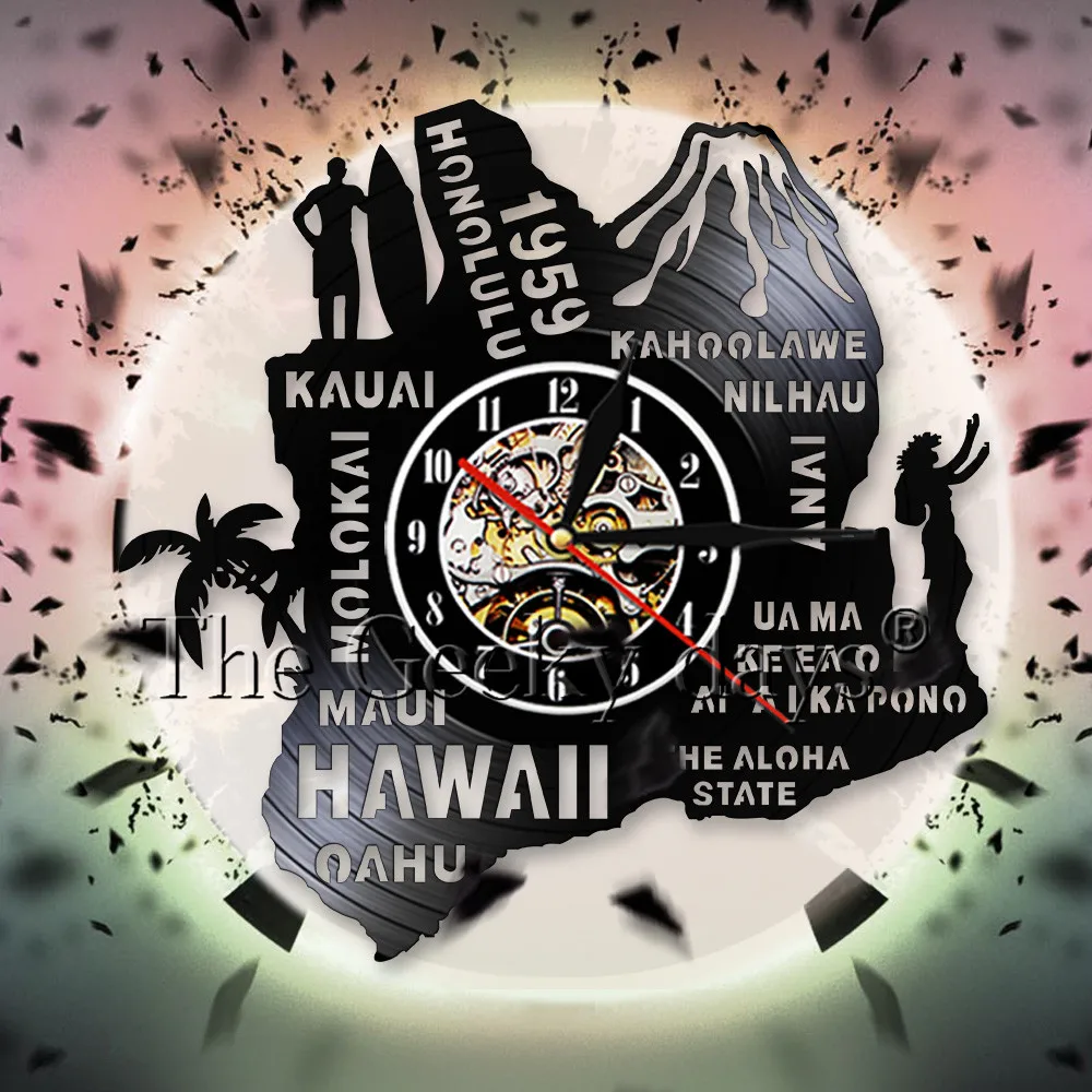 Гавайские настенные часы The Aloha State виниловые с изображением пальмы серфинга