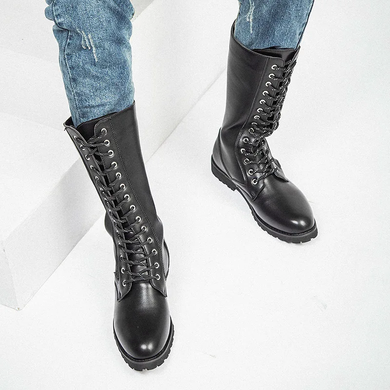 Сапоги до колена мужские армейские ботинки кожаные высокие длинные обувь для