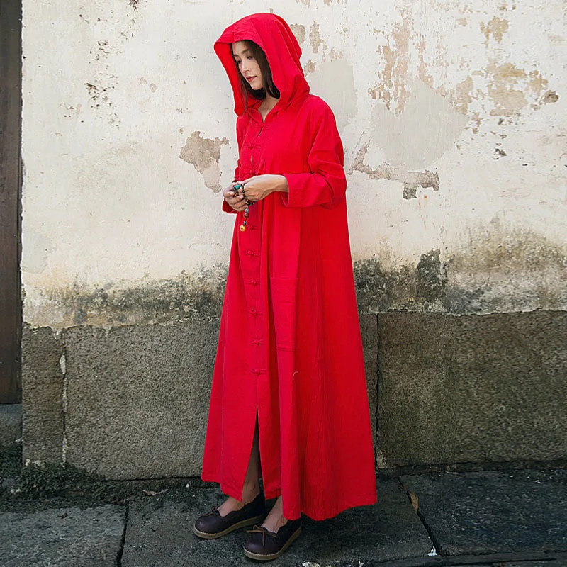 NINI WONDERLAND, Осенний Хлопковый тренч с капюшоном, пальто для женщин, длинная верхняя одежда, однобортный, большой размер, длинное платье, халат в стиле Mori Girl