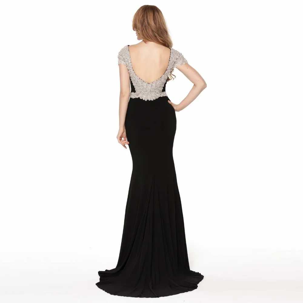 

Exquisite black Backless Sexy Evening Gown Jersey Fabric Sparkling Beading Handwork O-Neck Mermaid Prom Dresses