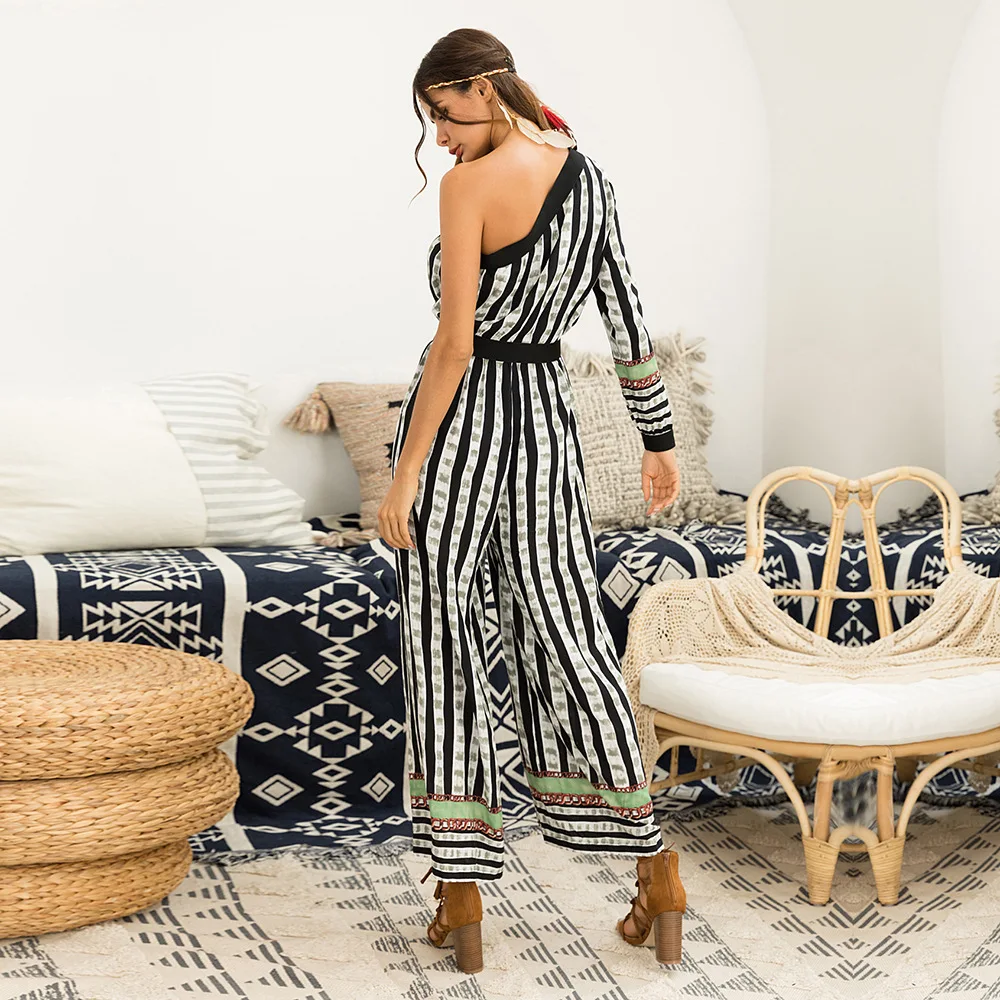 RIKOCHIC полосатый пикантные длинные комбинезон Для женщин одно плечо playsuit Boho