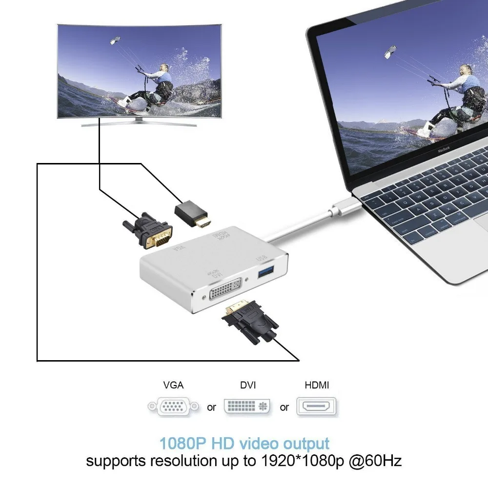 4 в 1 USB 3 type C к HDMI DVI 4K VGA 0 адаптер конвертер для ноутбука Apple MacBook/MacBook Pro/Google Chromebook Pixel