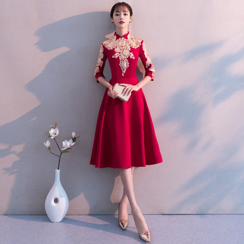 Невесты Qipao Мода г. красный Вышивка китайское вечернее платье женатый элегантный Cheongsam Длинные Qi Pao девушка принцесса вечерние платья - Цвет: wine red