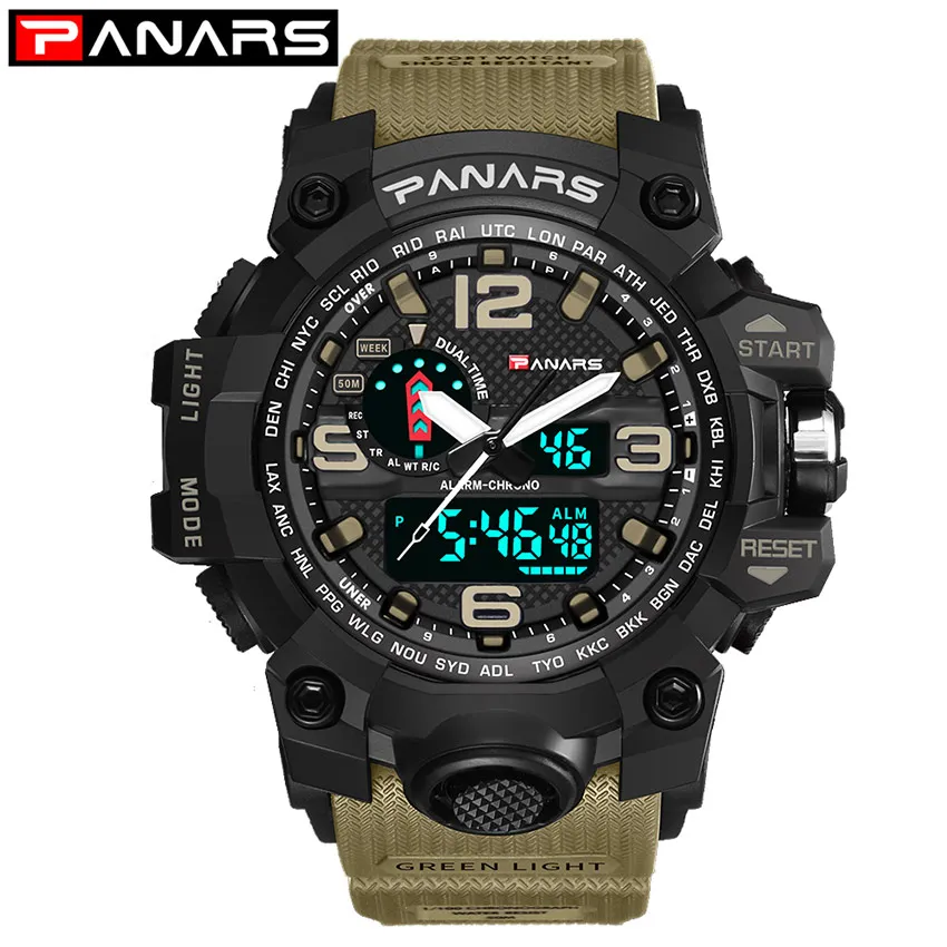 KHAKI Panars, мужские часы, современные цифровые часы, светодиодный, аналоговые, электронные, кварцевые часы, 50 м, водонепроницаемые, спортивные, мужские часы с компасом - Цвет: KHAKI