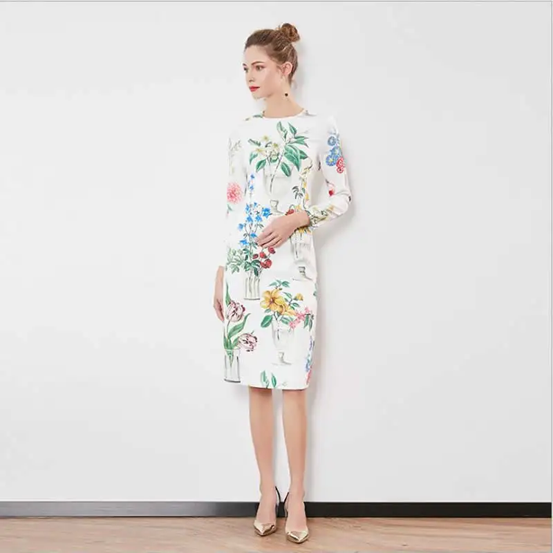 Женское платье с цветочным принтом круглым вырезом и длинным рукавом | Женская