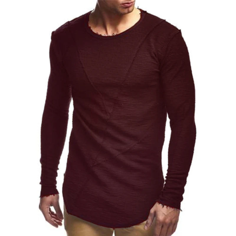 Wine Red Comfortable Extend HipHop Men T Shirt Long Sleeve Basic Solid O-Neck Patchwork Loose Gyms Muscle Shirts Tee Male Clothing - Цвет: Wine Red