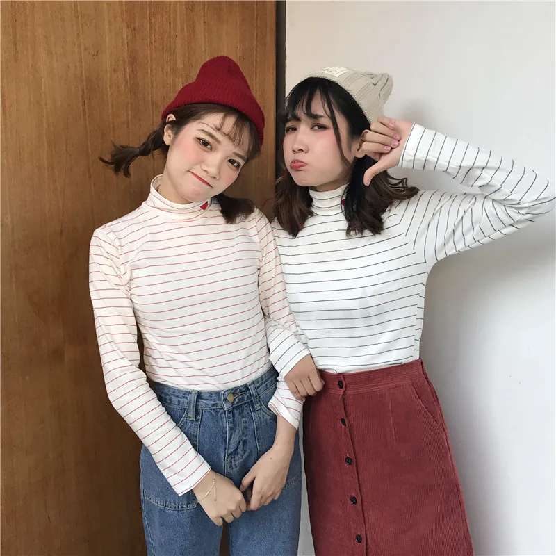 Женская футболка с вышивкой Harajuku Kawaii топ в полоску Футболка эластичная длинным