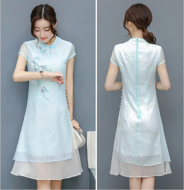 SexeMara Ultra Elegant Chinese Style Women Dress Cheongsam Vintage Summer Chiffon Retro Embroidery Vestidos HFJ026 | Женская одежда
