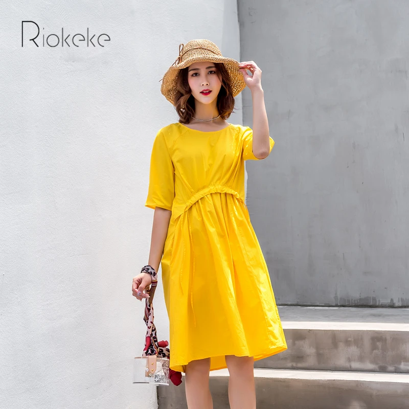 Riokeke манго желтое свободное женское платье летние женские платья 2018 с коротким