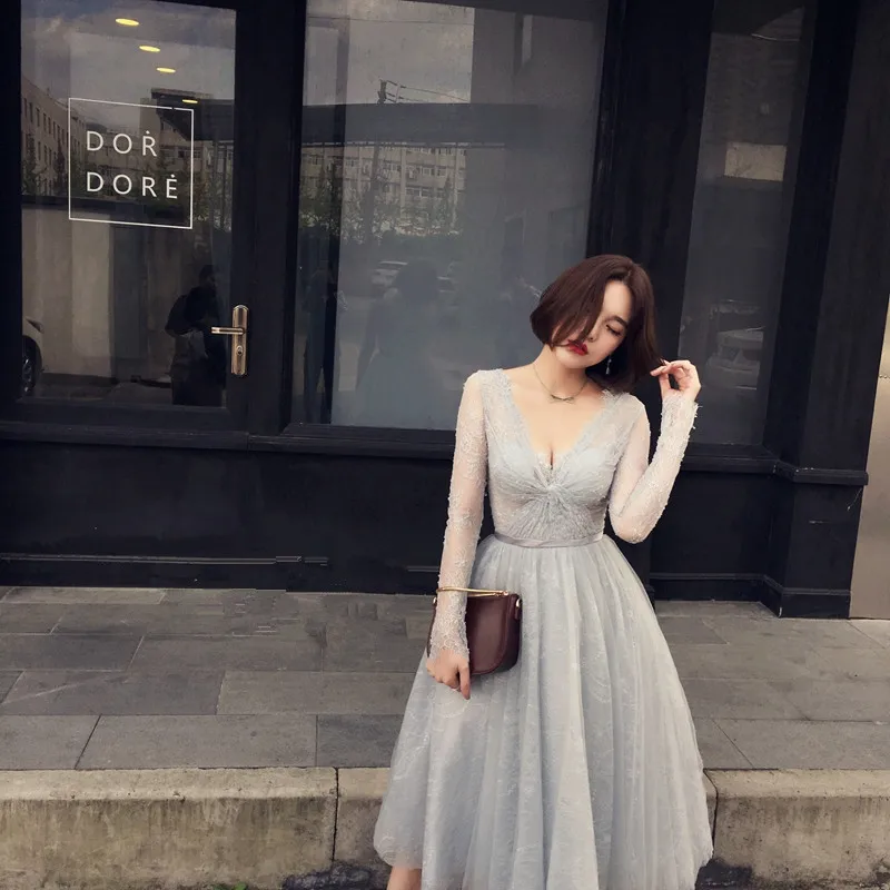 Высокое качество Серый Тюль Fülle рукава короткие вечернее платье весна вечерние