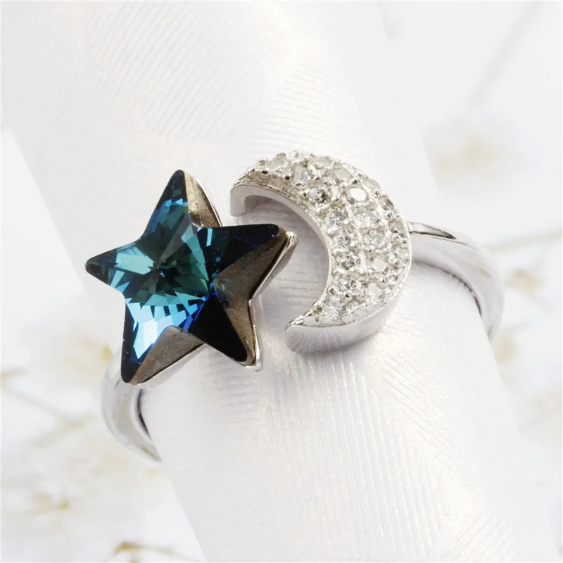 blue star moon cz open ring 100% Sterling 925 silver Jewelry Vintage Adjustable rings for women girl gift free size | Украшения и