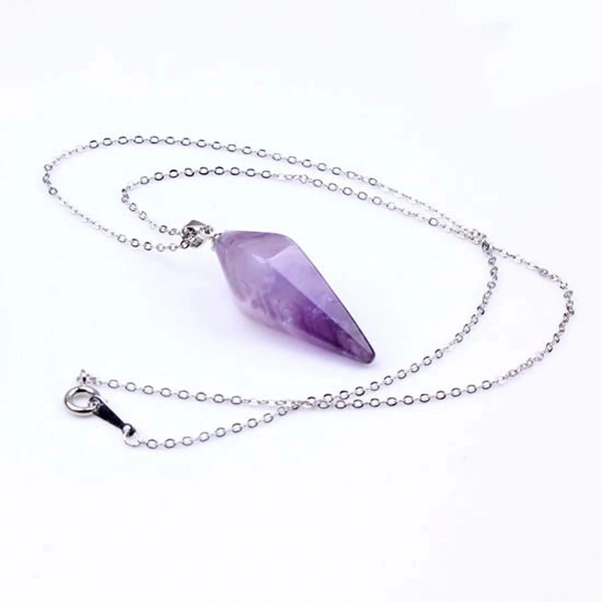 

xinshangmie Silver Plated Link Chain Hexagonal Pyramid Pendant Necklace Natural Purple Amethysts Hexagon Cone Pendants Jewelry